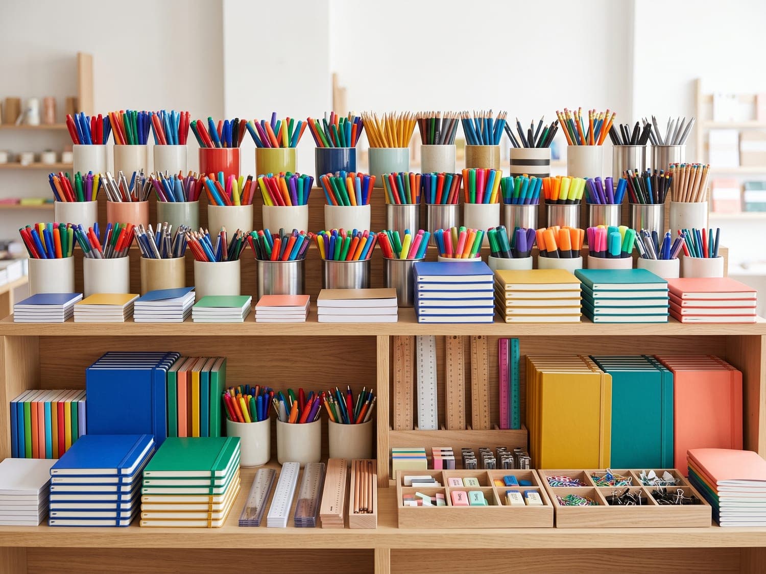 Présentoir de papeterie : pots de stylos et de feutres, cahiers et fournitures scolaires.