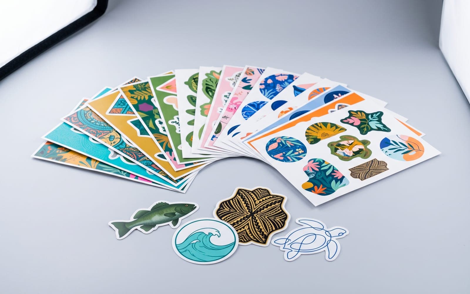 Planches de stickers découpés à la forme, en éventail, quelques stickers détachés devant.